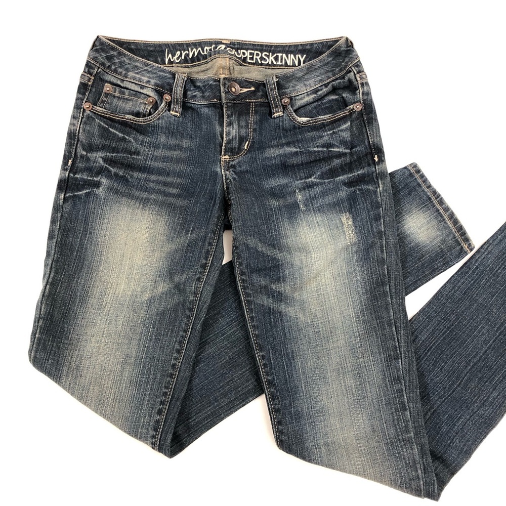 Bull Head Skinny Low Rise Jeans Dark Blue Wash Distressed Denim